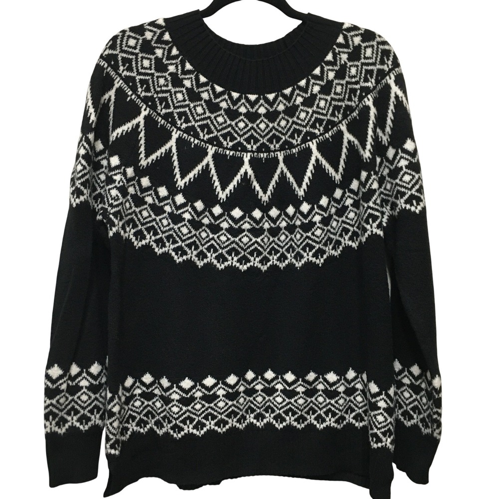 Loft Fair Isle Knit Pullover Women's XL Black White Nordic Cozy Soft Cabin Fall